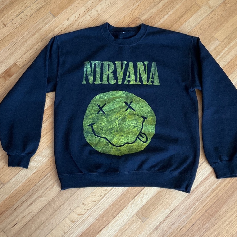 NIRVANA Black Crewneck with Green Smiley Graphic